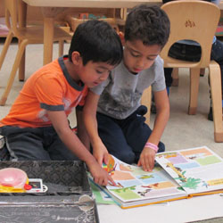 two boys looking at book